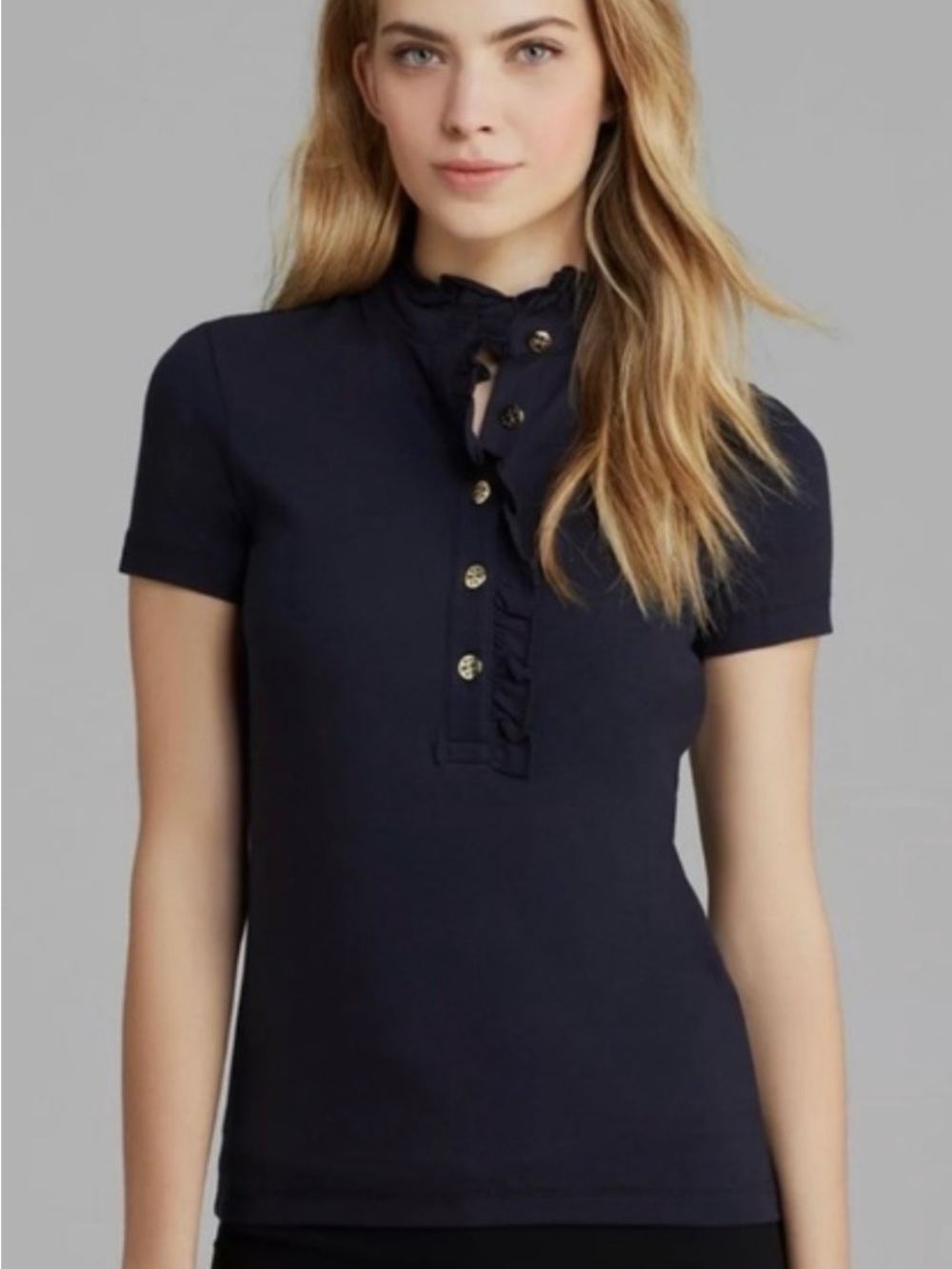 Tory Burch Black Ruffle-Placket Short Sleeve Top